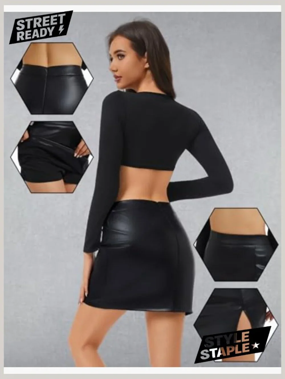 High Waist Faux Leather Mini Skirt with Shorts Side Slit Bodycon